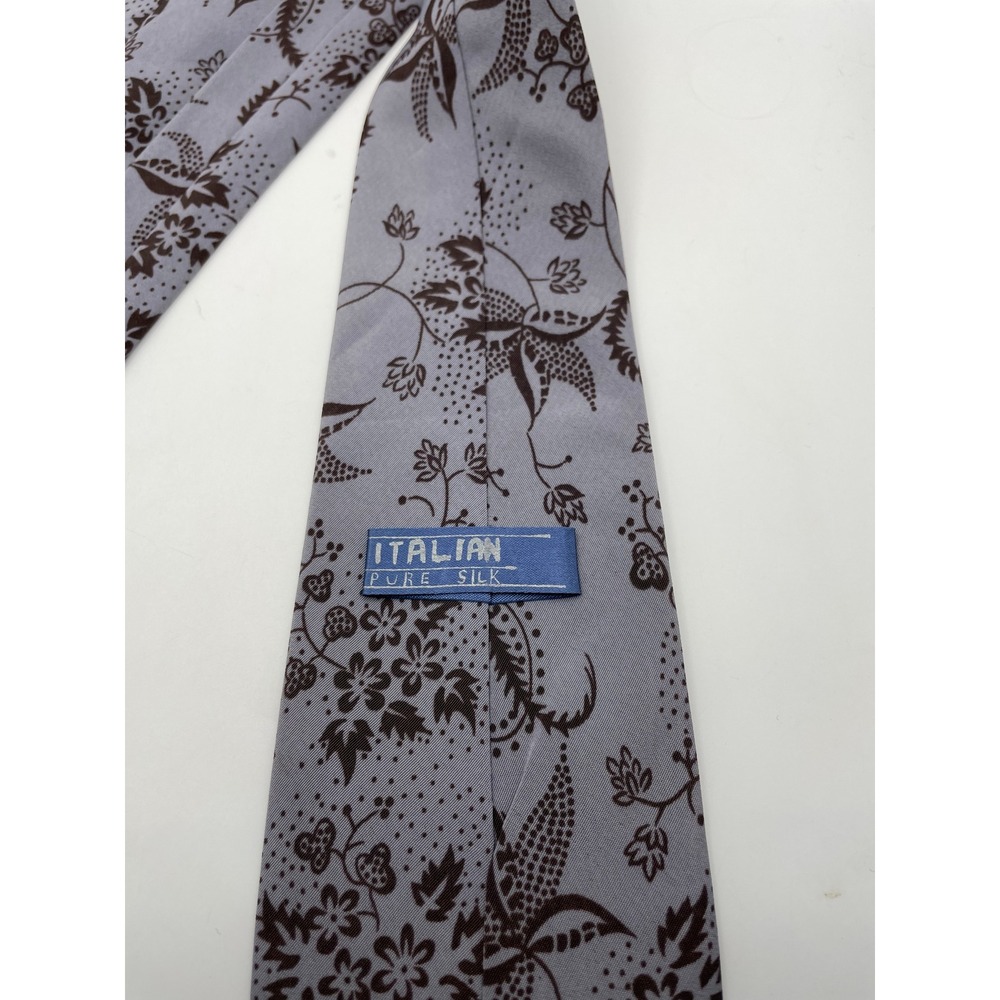 Italian Pure Silk Mens Necktie Grey Brown Floral Vine Pattern 3.5 Inch Width - Picture 2 of 4